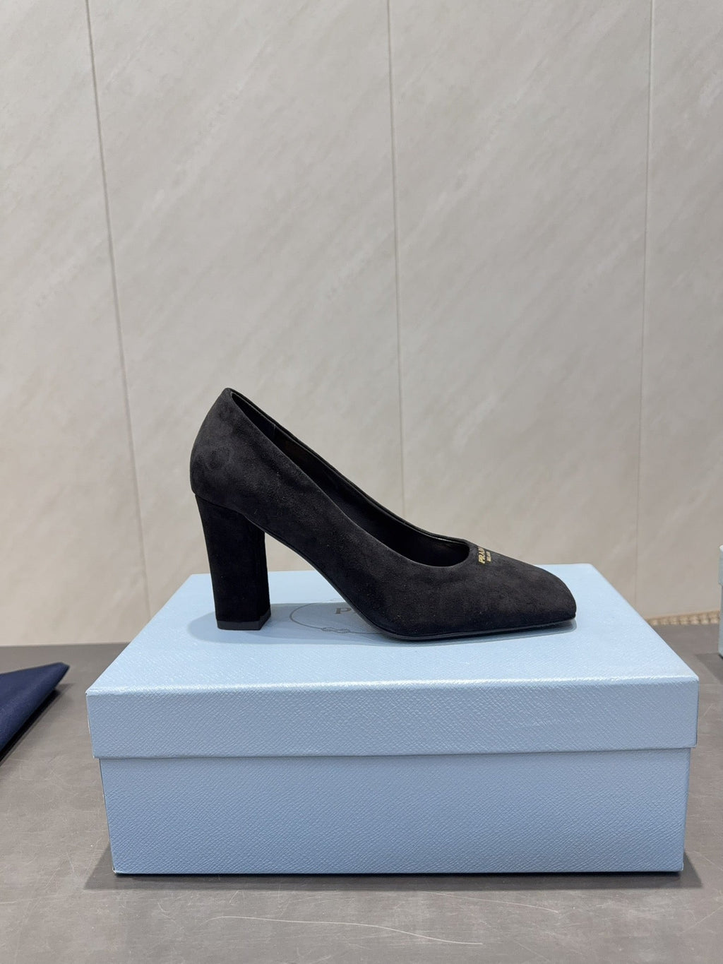 PRADA 26S SQUARE TOE HIGH HEELS 85MM IN BLACK SUEDE