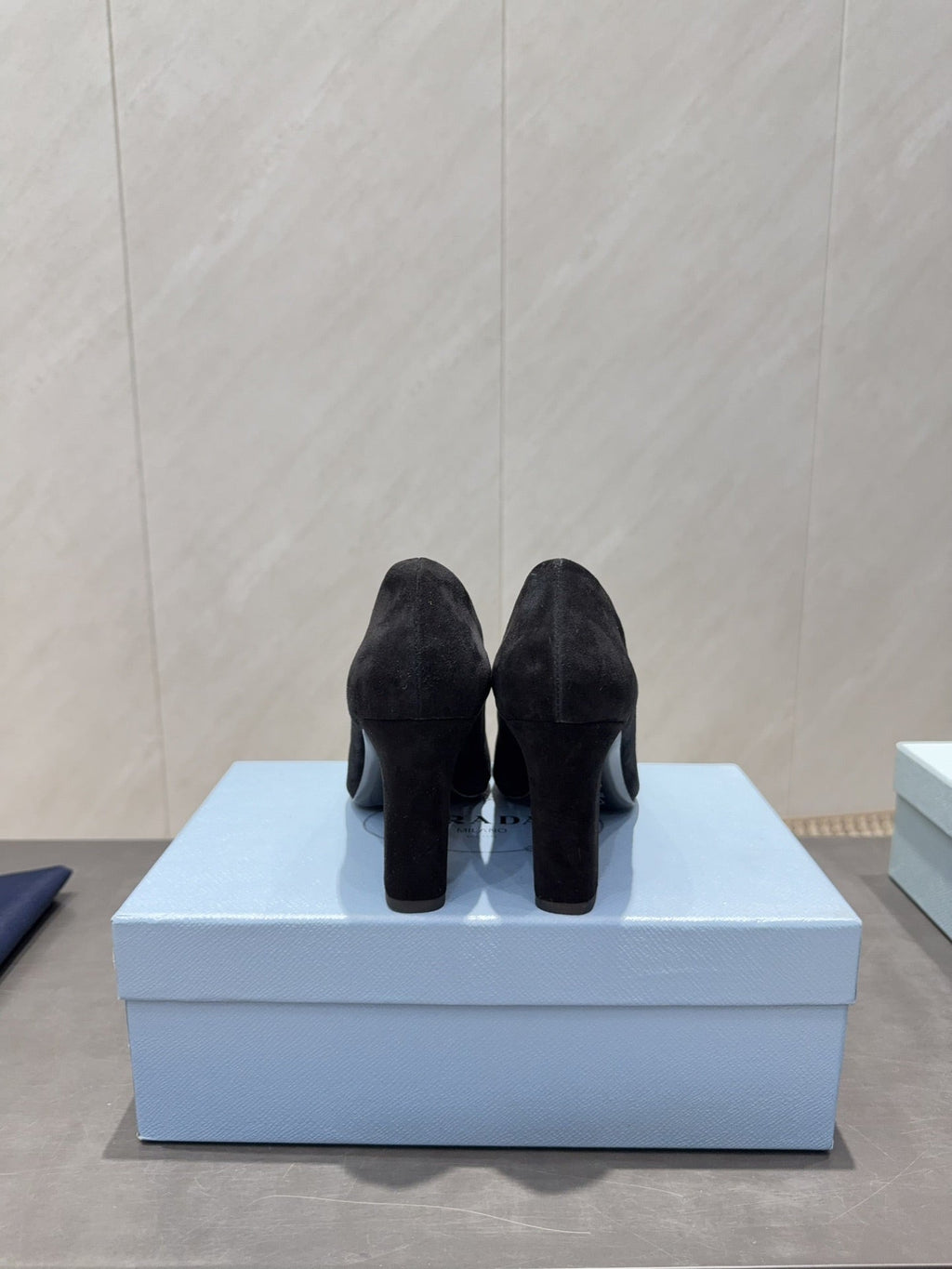 PRADA 26S SQUARE TOE HIGH HEELS 85MM IN BLACK SUEDE