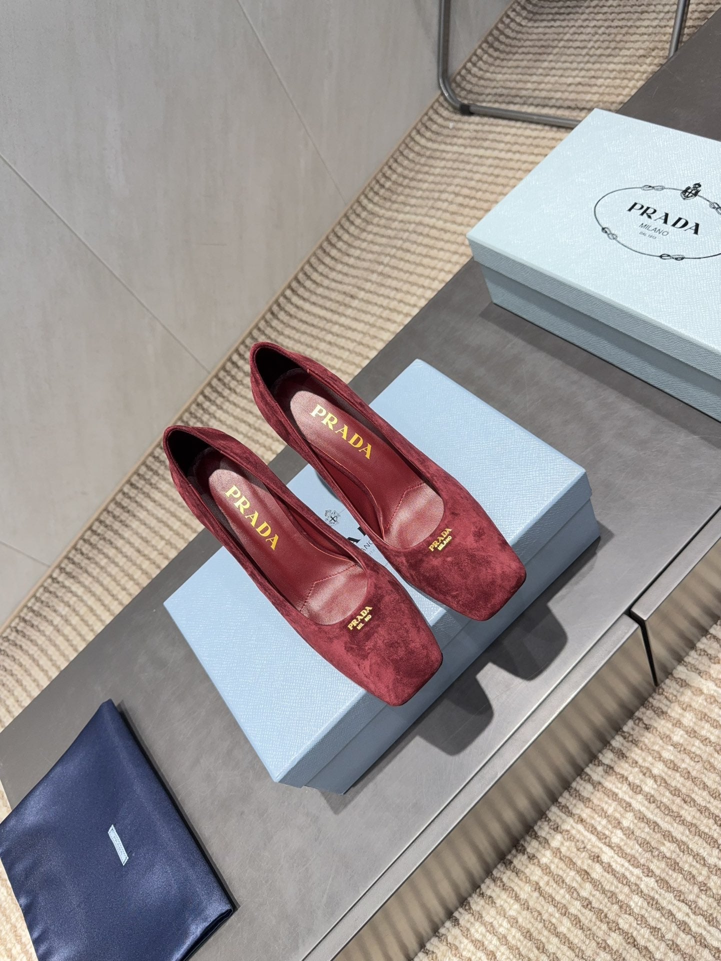 PRADA 26S SQUARE TOE HIGH HEELS 85MM IN DARK RED SUEDE