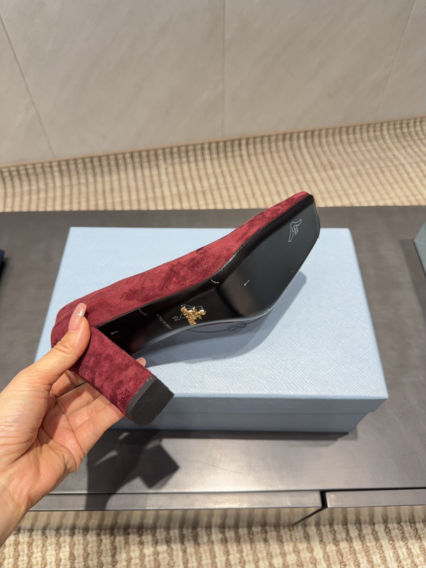 PRADA 26S SQUARE TOE HIGH HEELS 85MM IN DARK RED SUEDE