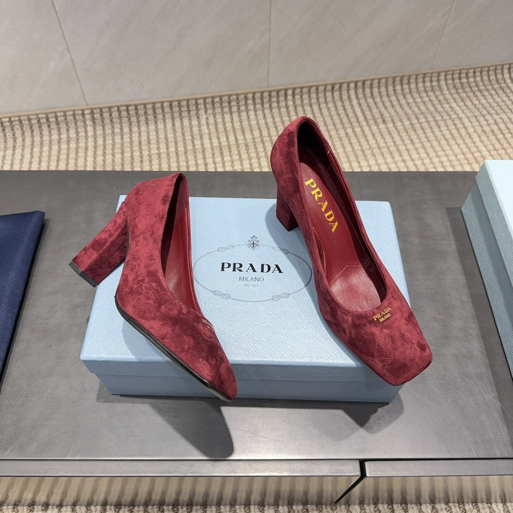 PRADA 26S SQUARE TOE HIGH HEELS 85MM IN DARK RED SUEDE