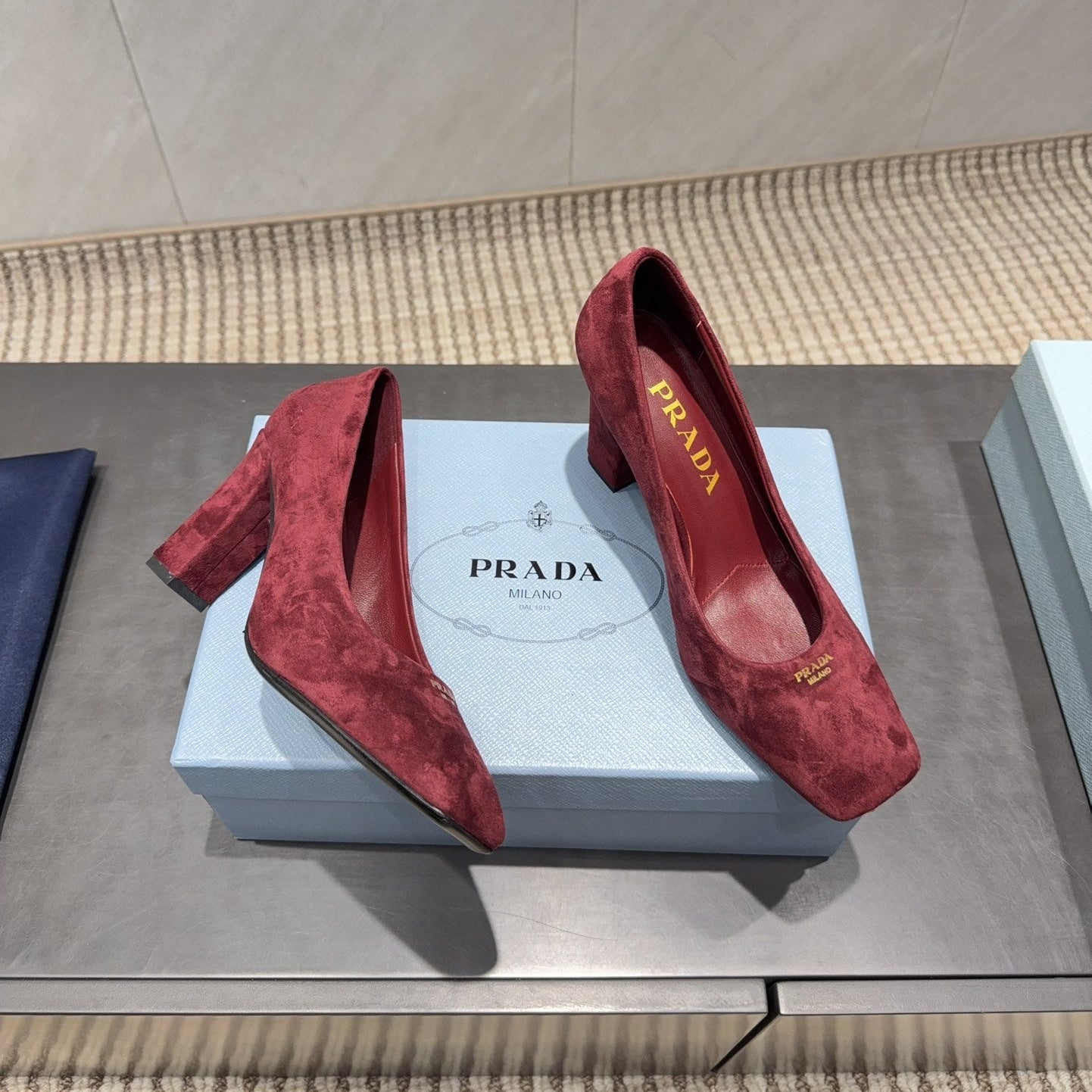 PRADA 26S SQUARE TOE HIGH HEELS 85MM IN DARK RED SUEDE