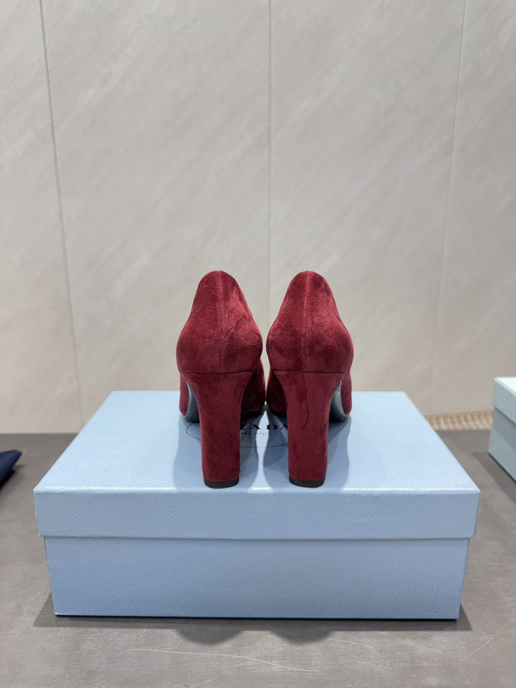 PRADA 26S SQUARE TOE HIGH HEELS 85MM IN DARK RED SUEDE