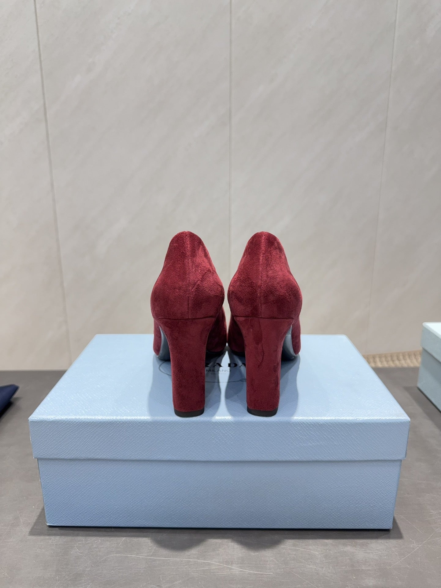 PRADA 26S SQUARE TOE HIGH HEELS 85MM IN DARK RED SUEDE