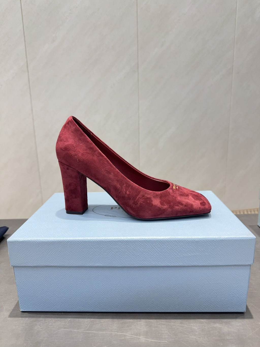PRADA 26S SQUARE TOE HIGH HEELS 85MM IN DARK RED SUEDE