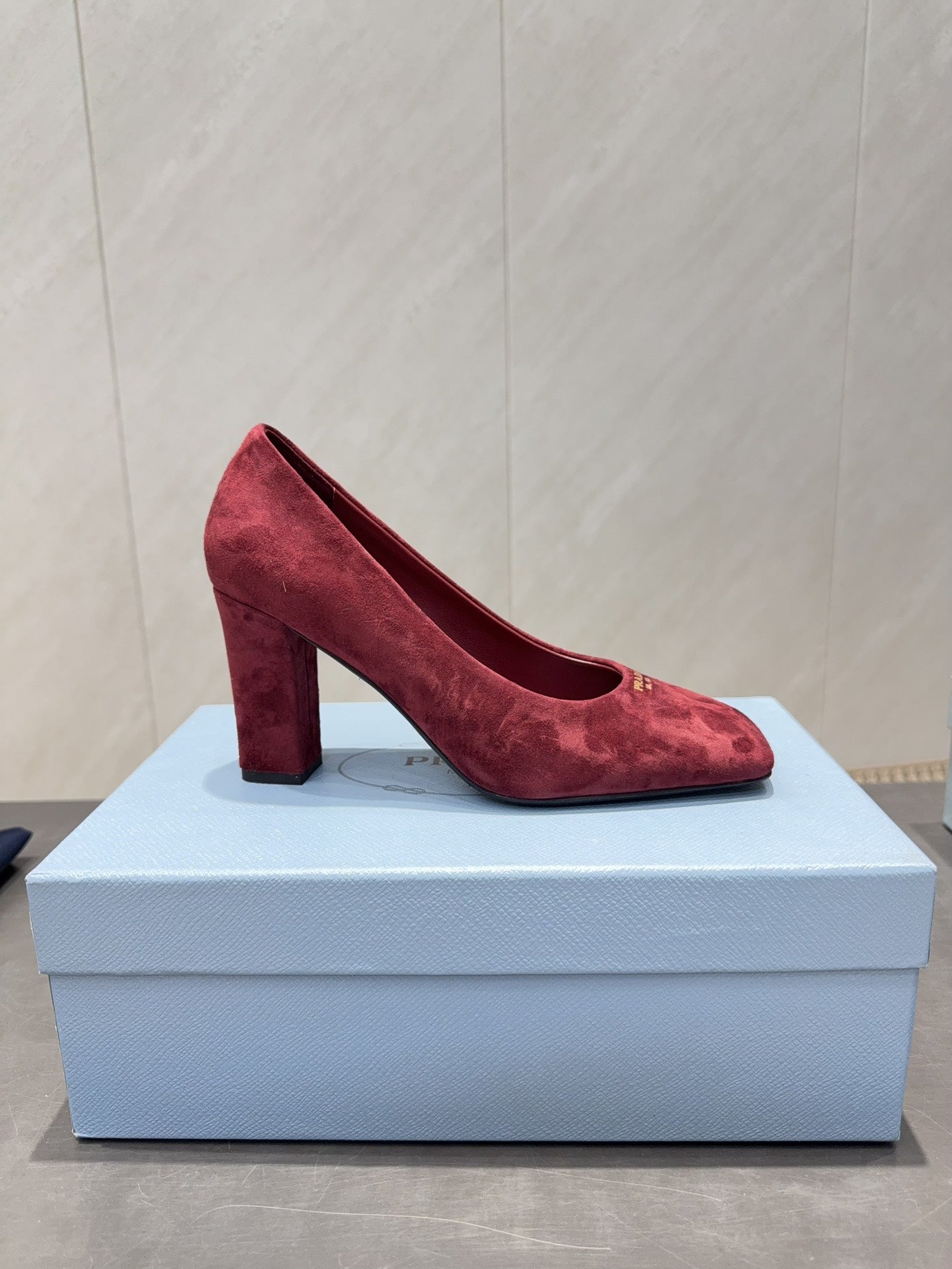 PRADA 26S SQUARE TOE HIGH HEELS 85MM IN DARK RED SUEDE