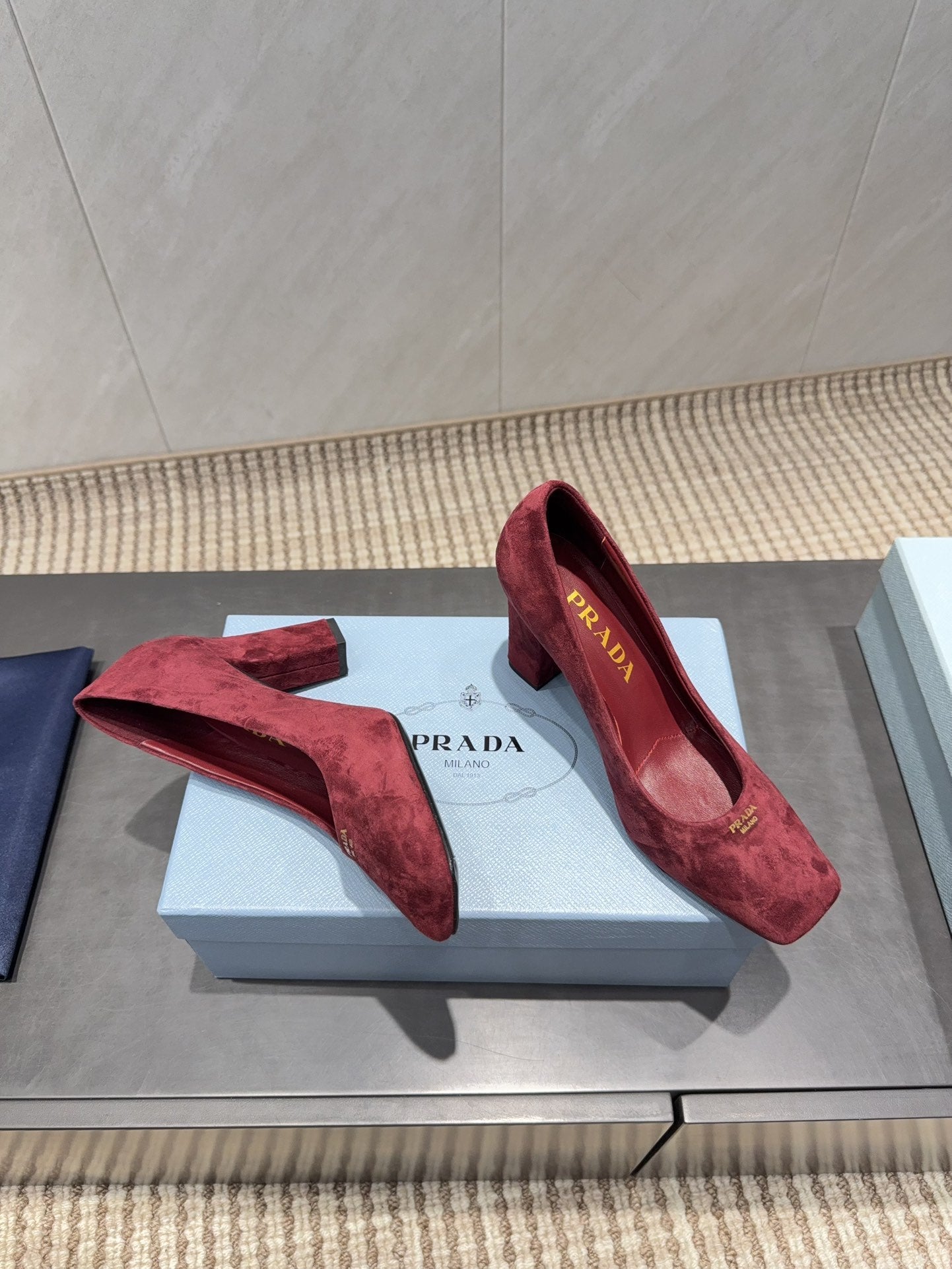 PRADA 26S SQUARE TOE HIGH HEELS 85MM IN DARK RED SUEDE