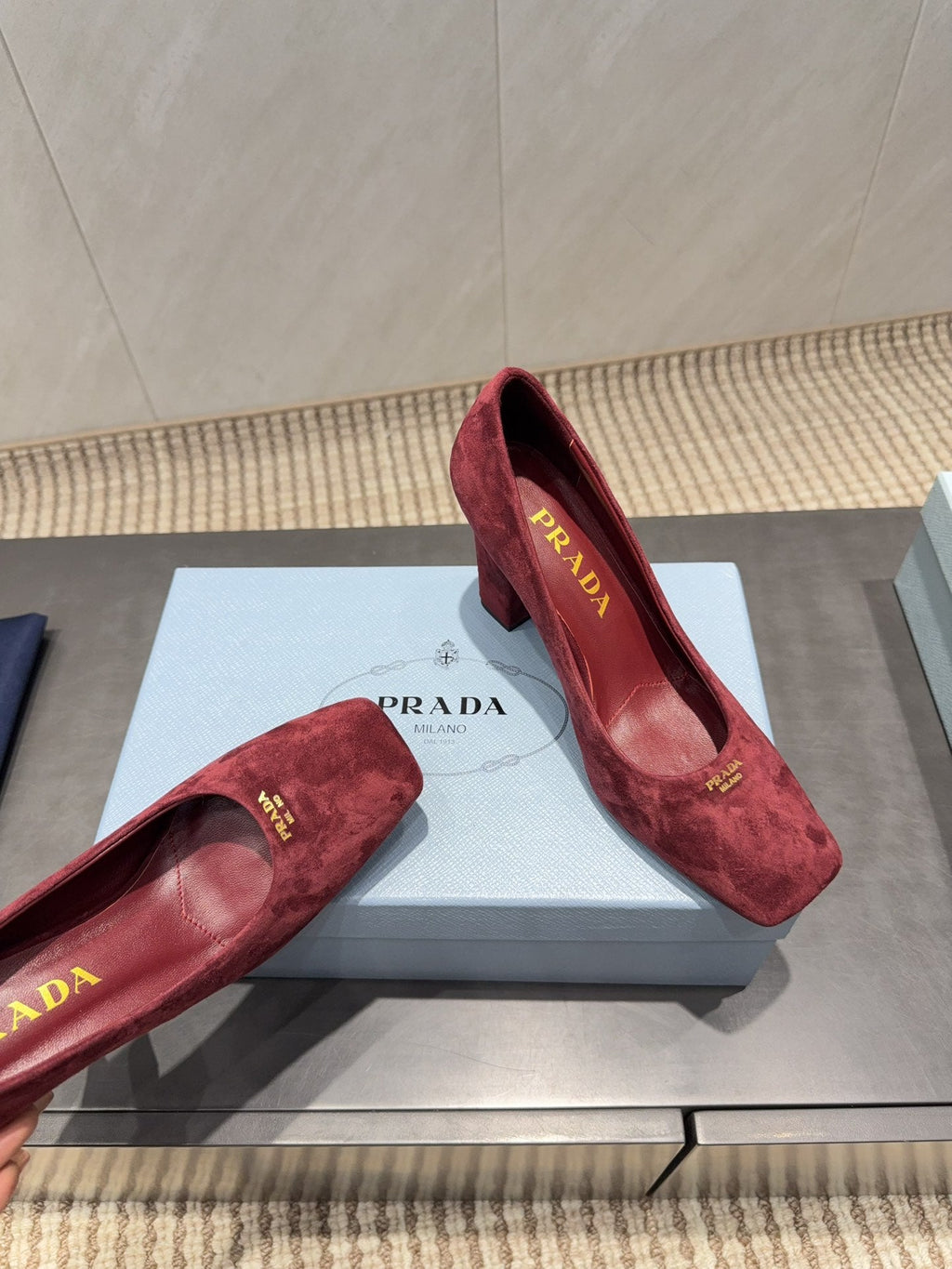 PRADA 26S SQUARE TOE HIGH HEELS 85MM IN DARK RED SUEDE