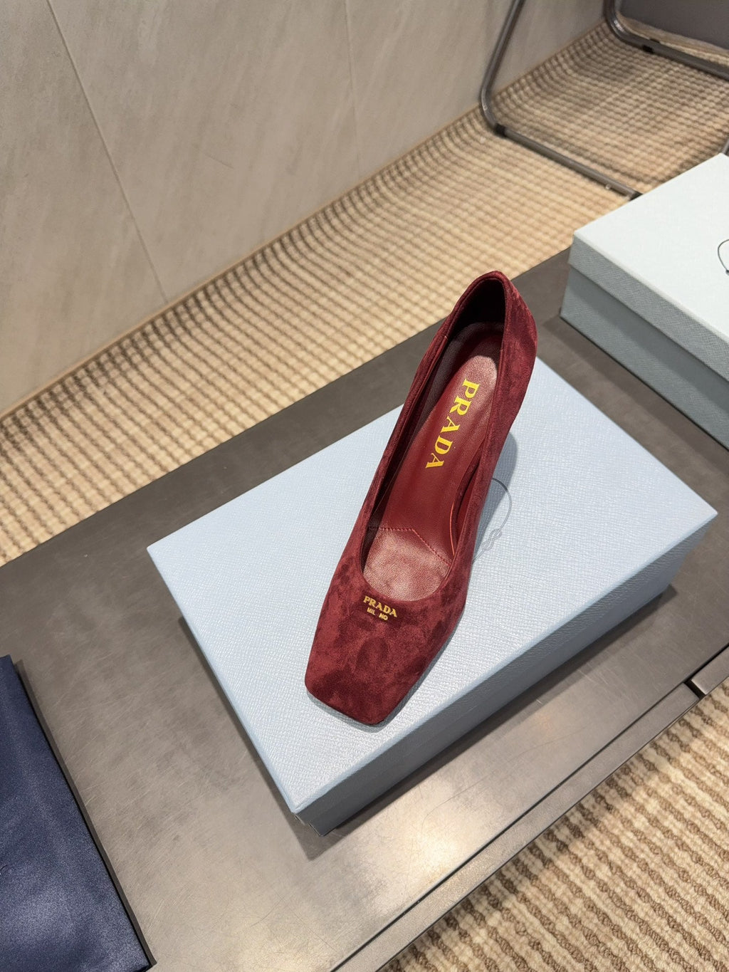 PRADA 26S SQUARE TOE HIGH HEELS 85MM IN DARK RED SUEDE