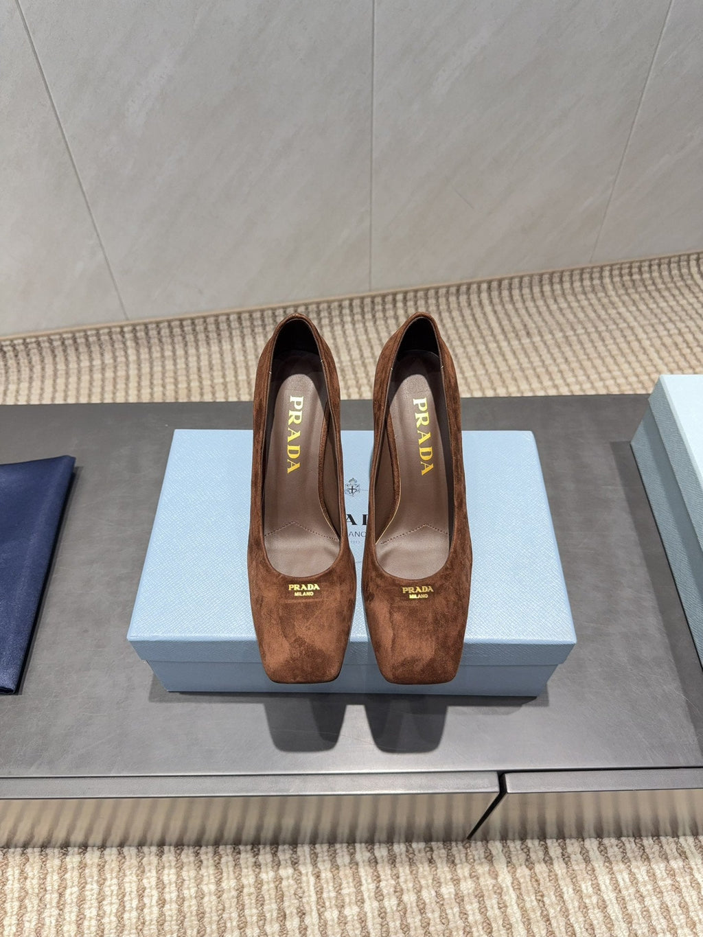 PRADA 26S SQUARE TOE HIGH HEELS 85MM IN CARAMEL BROWN SUEDE