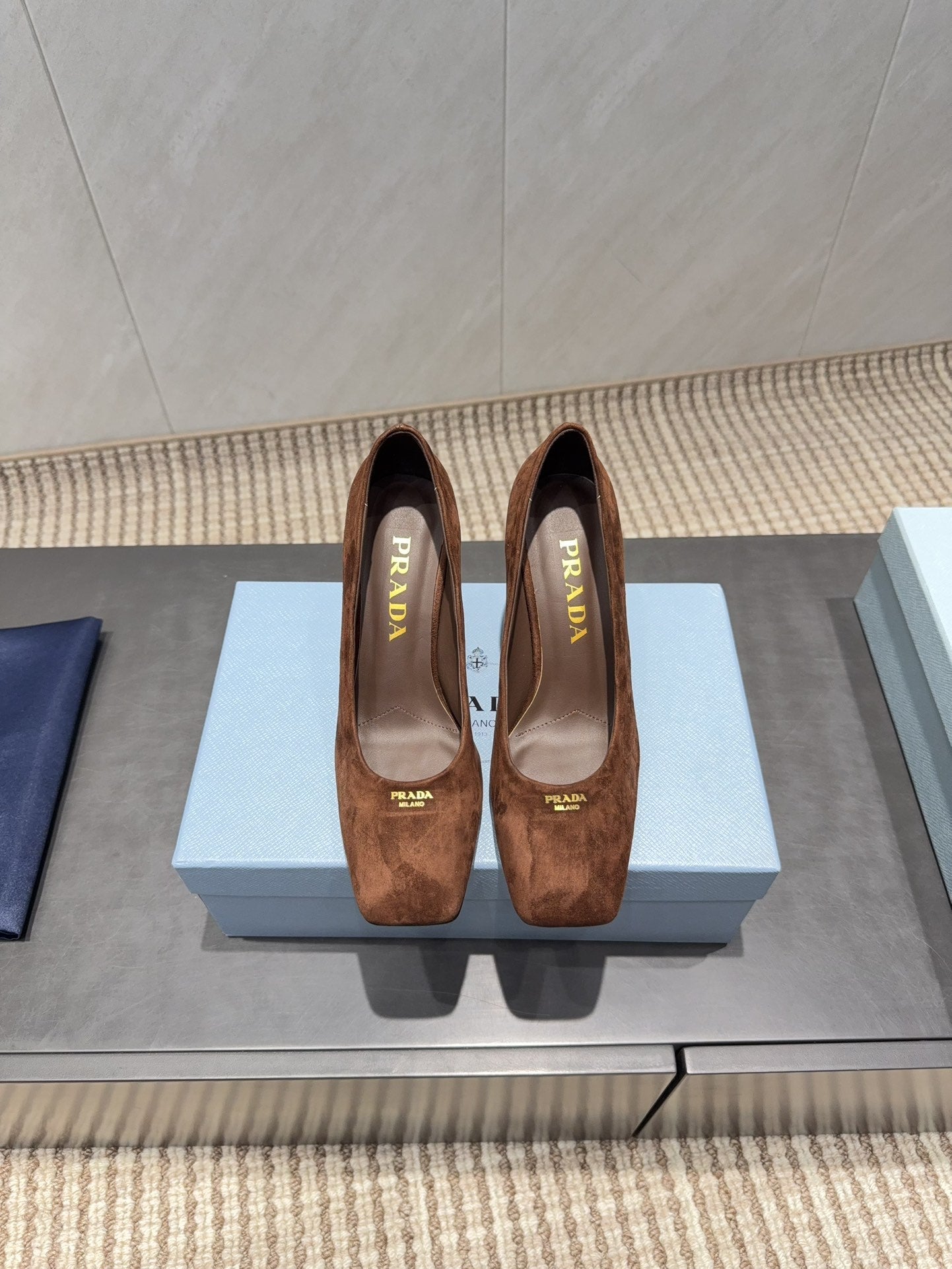PRADA 26S SQUARE TOE HIGH HEELS 85MM IN CARAMEL BROWN SUEDE