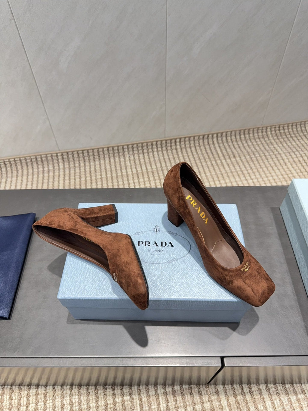 PRADA 26S SQUARE TOE HIGH HEELS 85MM IN CARAMEL BROWN SUEDE