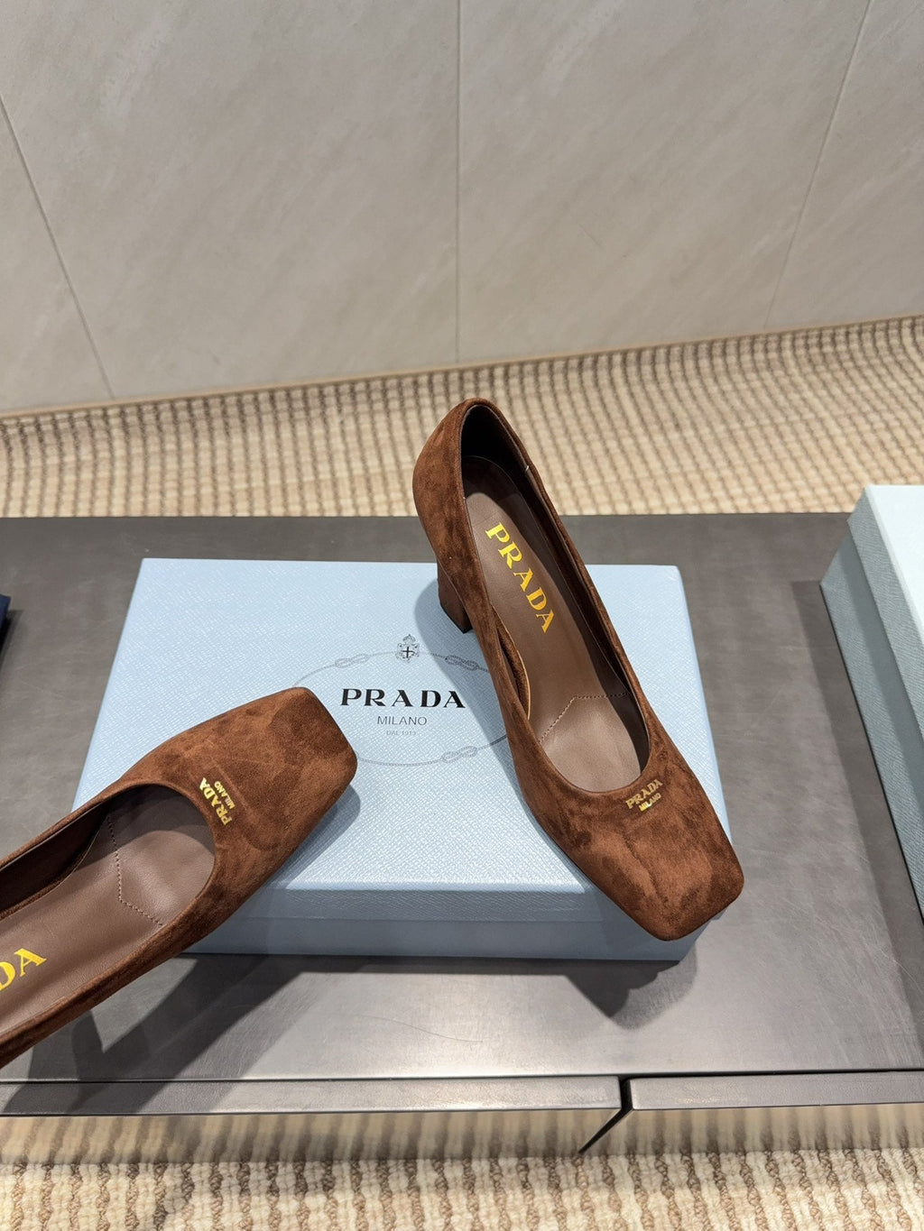 PRADA 26S SQUARE TOE HIGH HEELS 85MM IN CARAMEL BROWN SUEDE