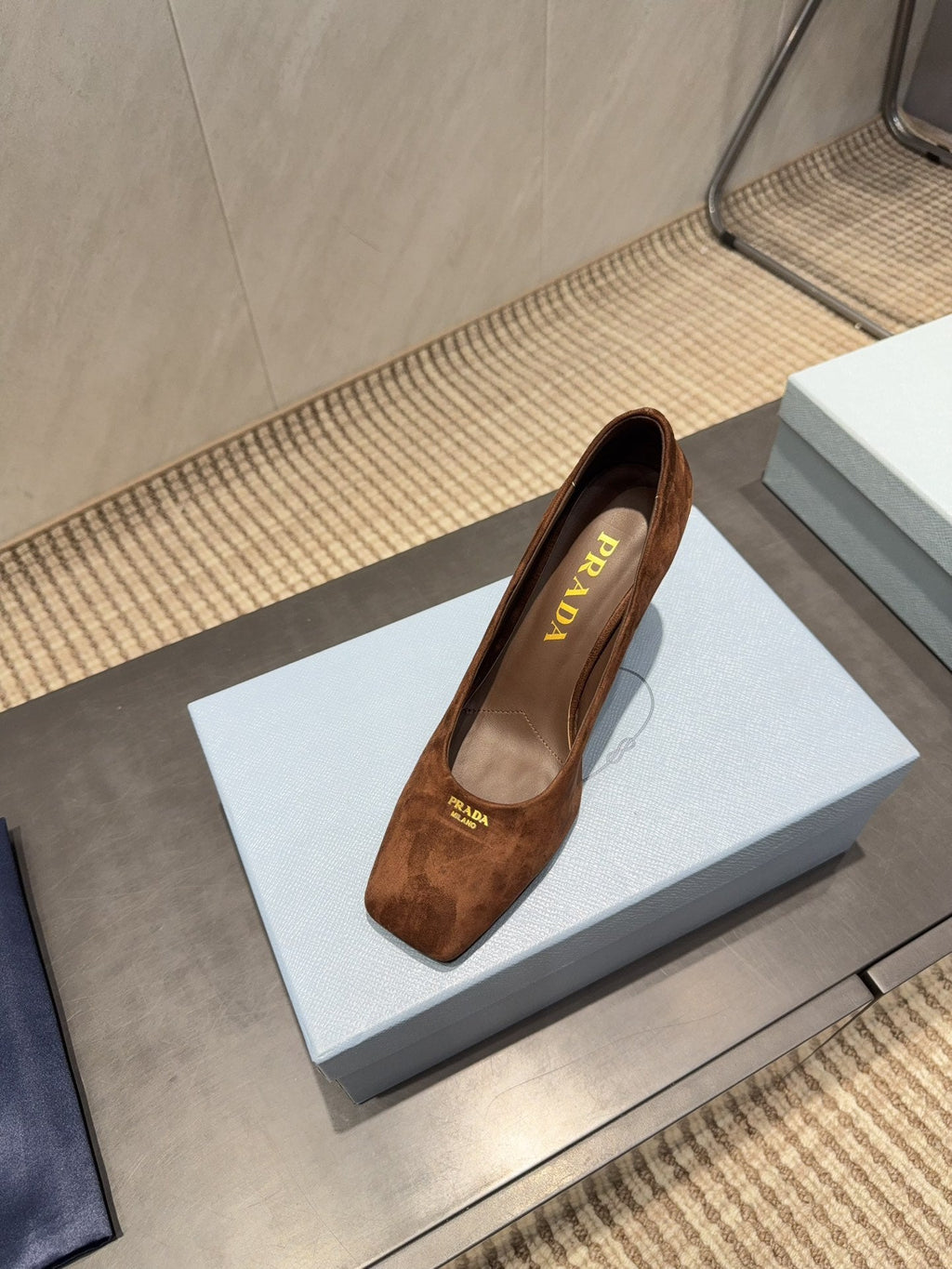 PRADA 26S SQUARE TOE HIGH HEELS 85MM IN CARAMEL BROWN SUEDE