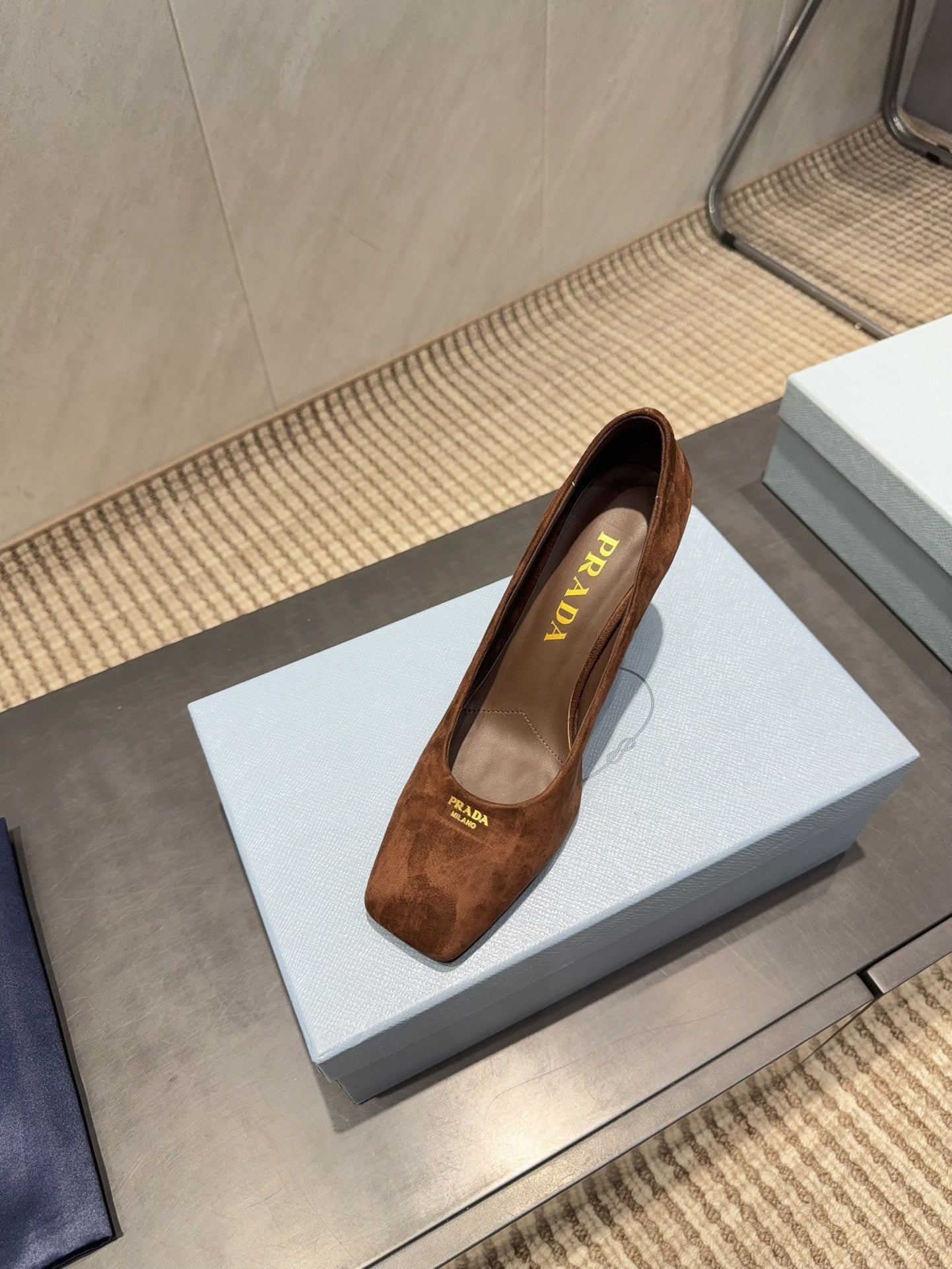 PRADA 26S SQUARE TOE HIGH HEELS 85MM IN CARAMEL BROWN SUEDE