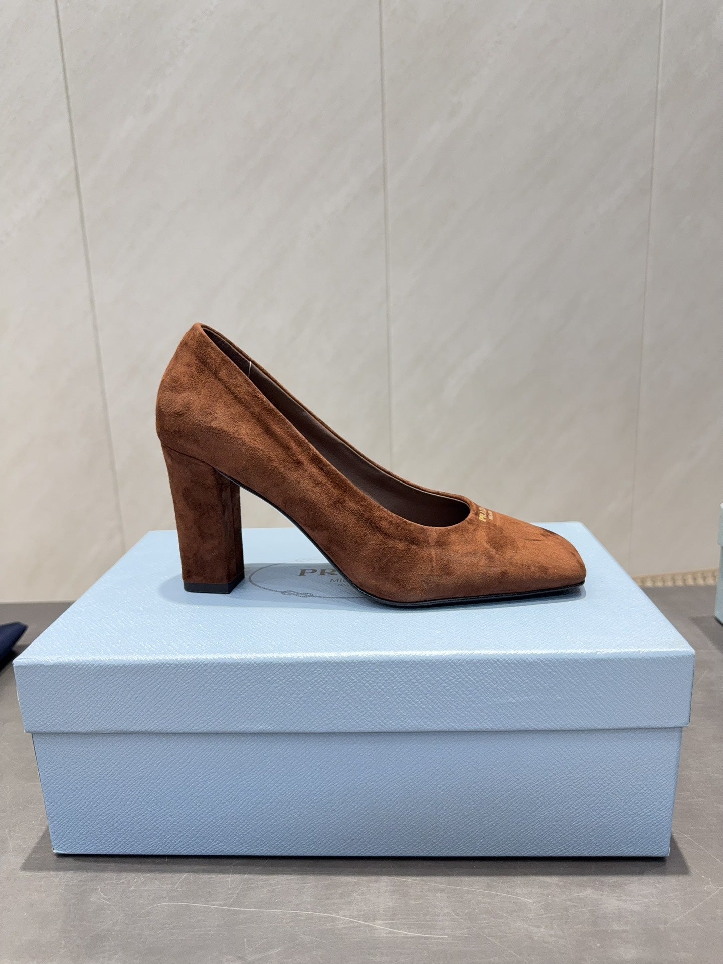 PRADA 26S SQUARE TOE HIGH HEELS 85MM IN CARAMEL BROWN SUEDE