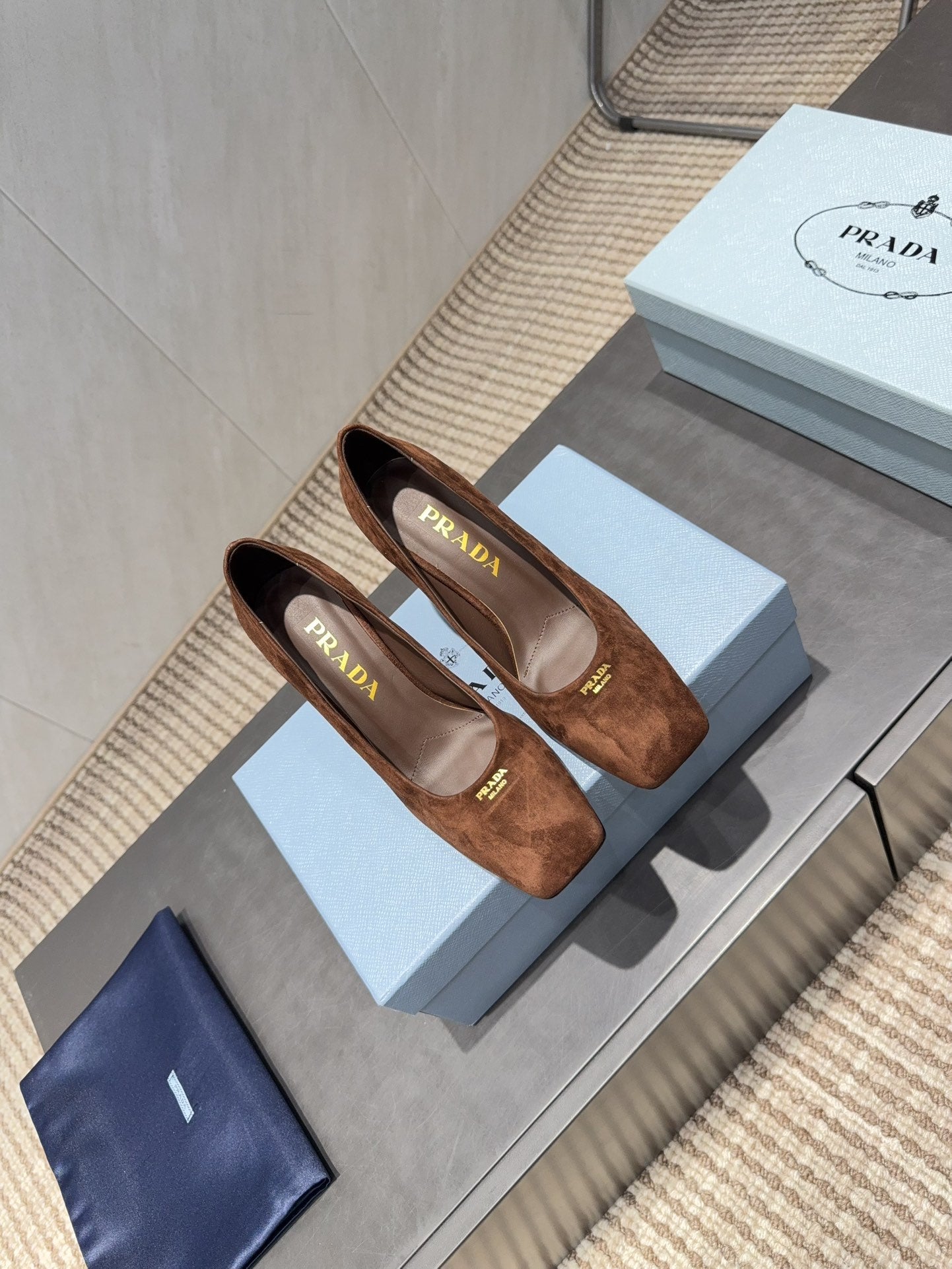 PRADA 26S SQUARE TOE HIGH HEELS 85MM IN CARAMEL BROWN SUEDE