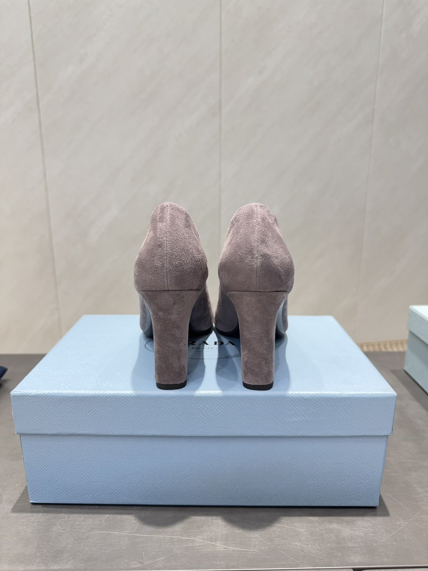 PRADA 26S SQUARE TOE HIGH HEELS 85MM IN TAUPE BROWN SUEDE