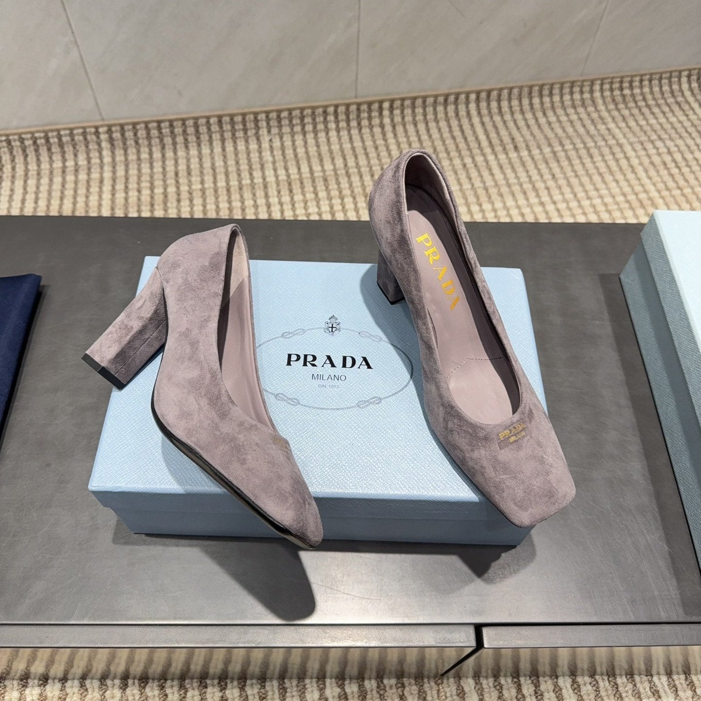 PRADA 26S SQUARE TOE HIGH HEELS 85MM IN TAUPE BROWN SUEDE