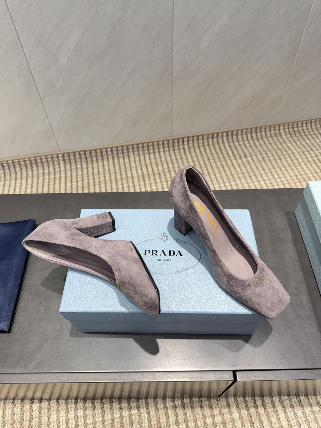 PRADA 26S SQUARE TOE HIGH HEELS 85MM IN TAUPE BROWN SUEDE