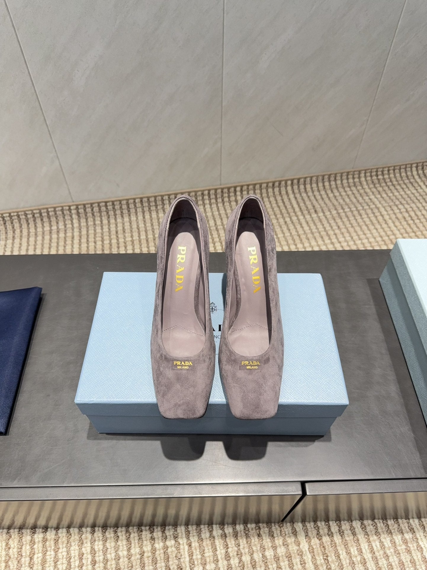 PRADA 26S SQUARE TOE HIGH HEELS 85MM IN TAUPE BROWN SUEDE