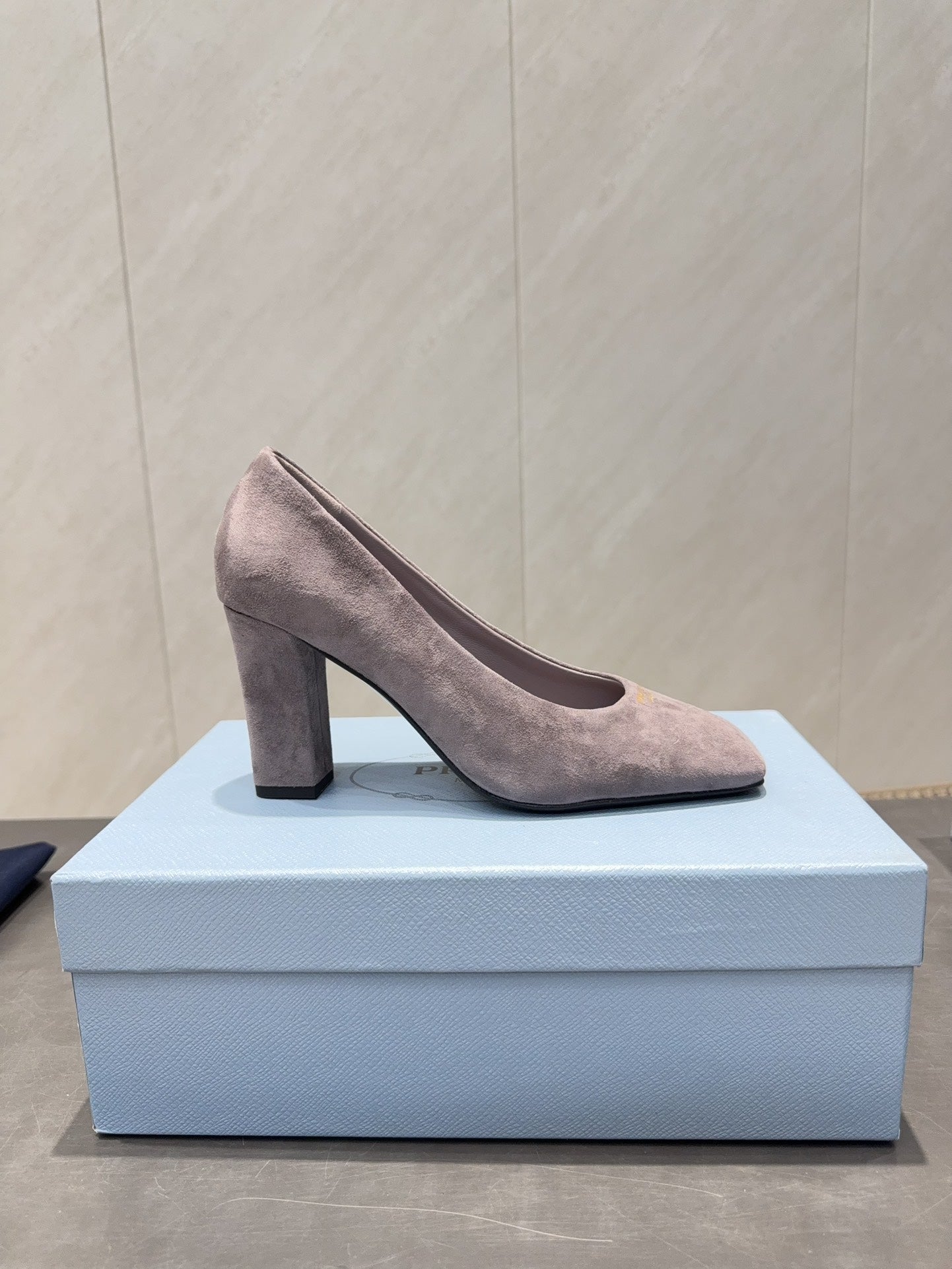 PRADA 26S SQUARE TOE HIGH HEELS 85MM IN TAUPE BROWN SUEDE