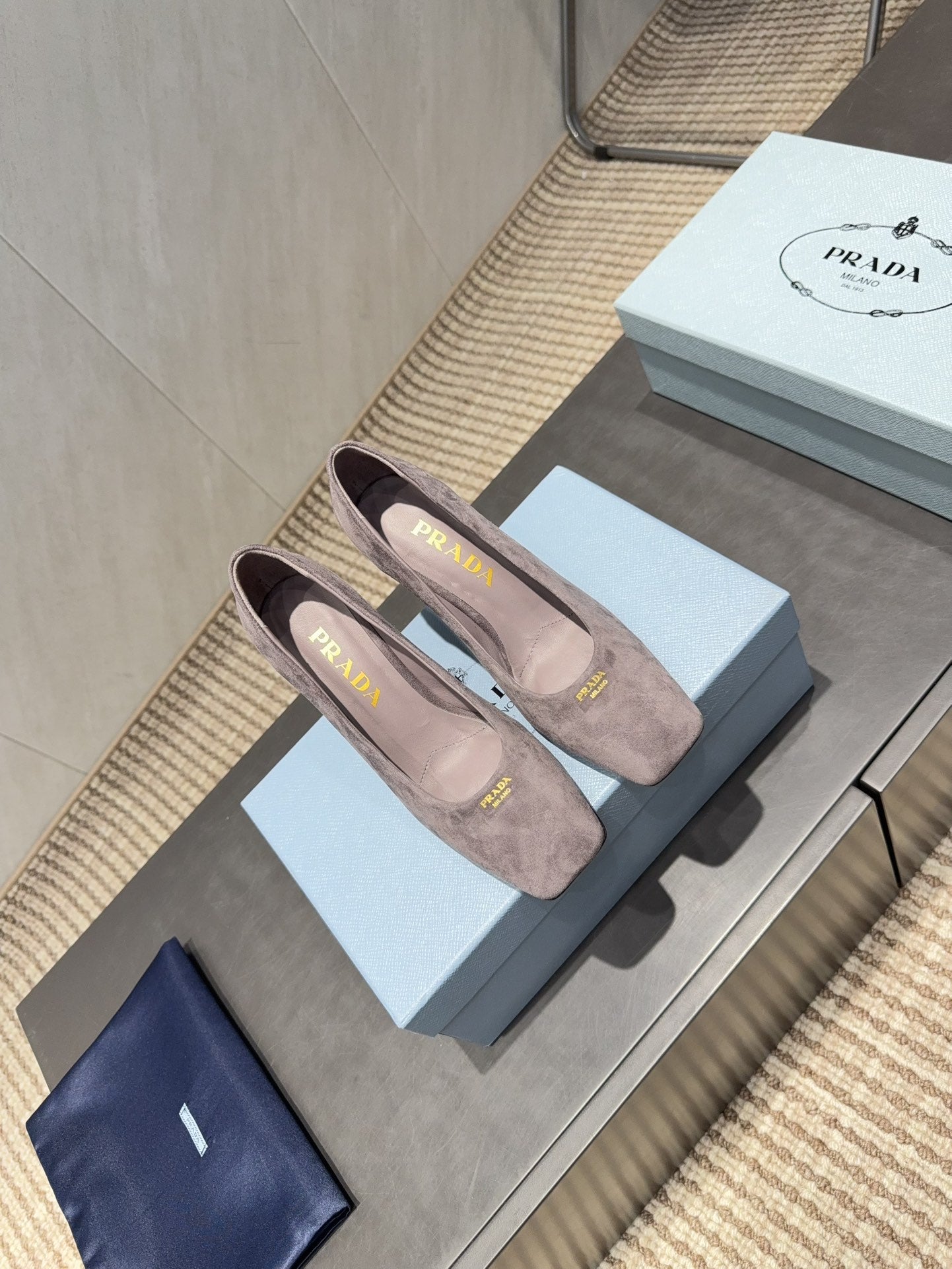 PRADA 26S SQUARE TOE HIGH HEELS 85MM IN TAUPE BROWN SUEDE