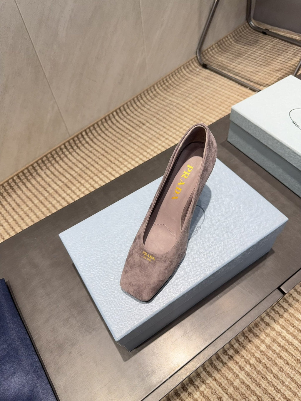 PRADA 26S SQUARE TOE HIGH HEELS 85MM IN TAUPE BROWN SUEDE