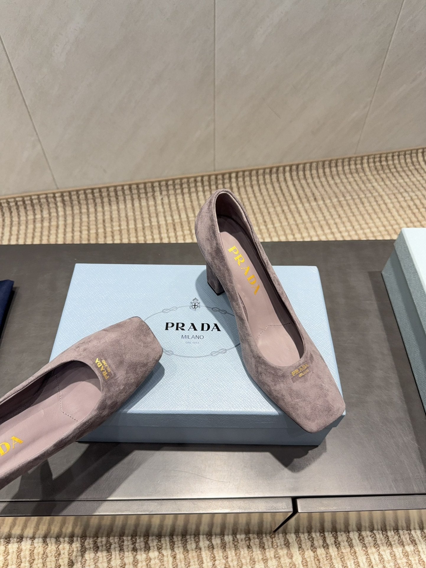 PRADA 26S SQUARE TOE HIGH HEELS 85MM IN TAUPE BROWN SUEDE