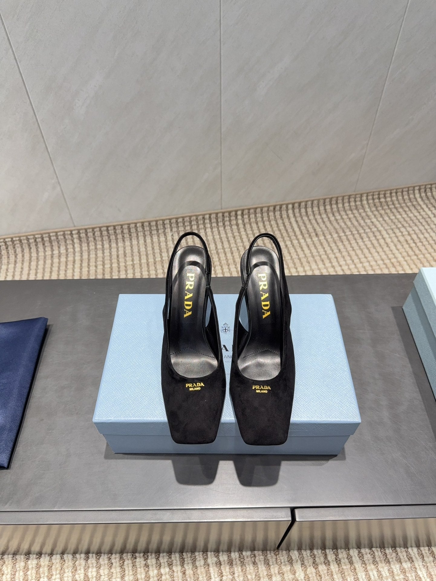 PRADA 26S LOW HEEL SQUARE TOE SLINGBACK SHOES 85MM IN BLACK SUEDE
