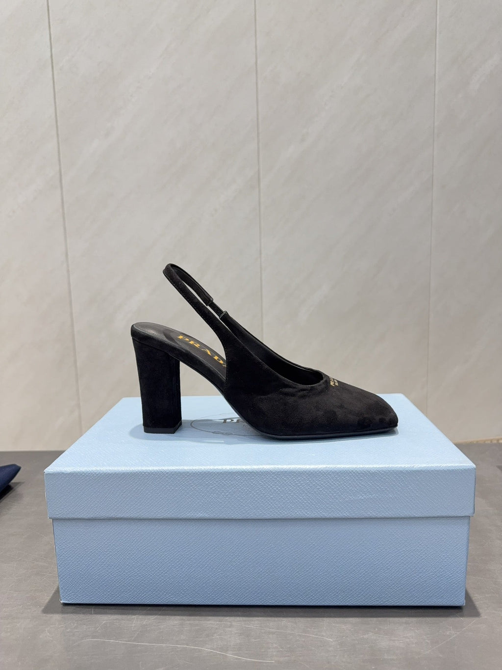 PRADA 26S LOW HEEL SQUARE TOE SLINGBACK SHOES 85MM IN BLACK SUEDE
