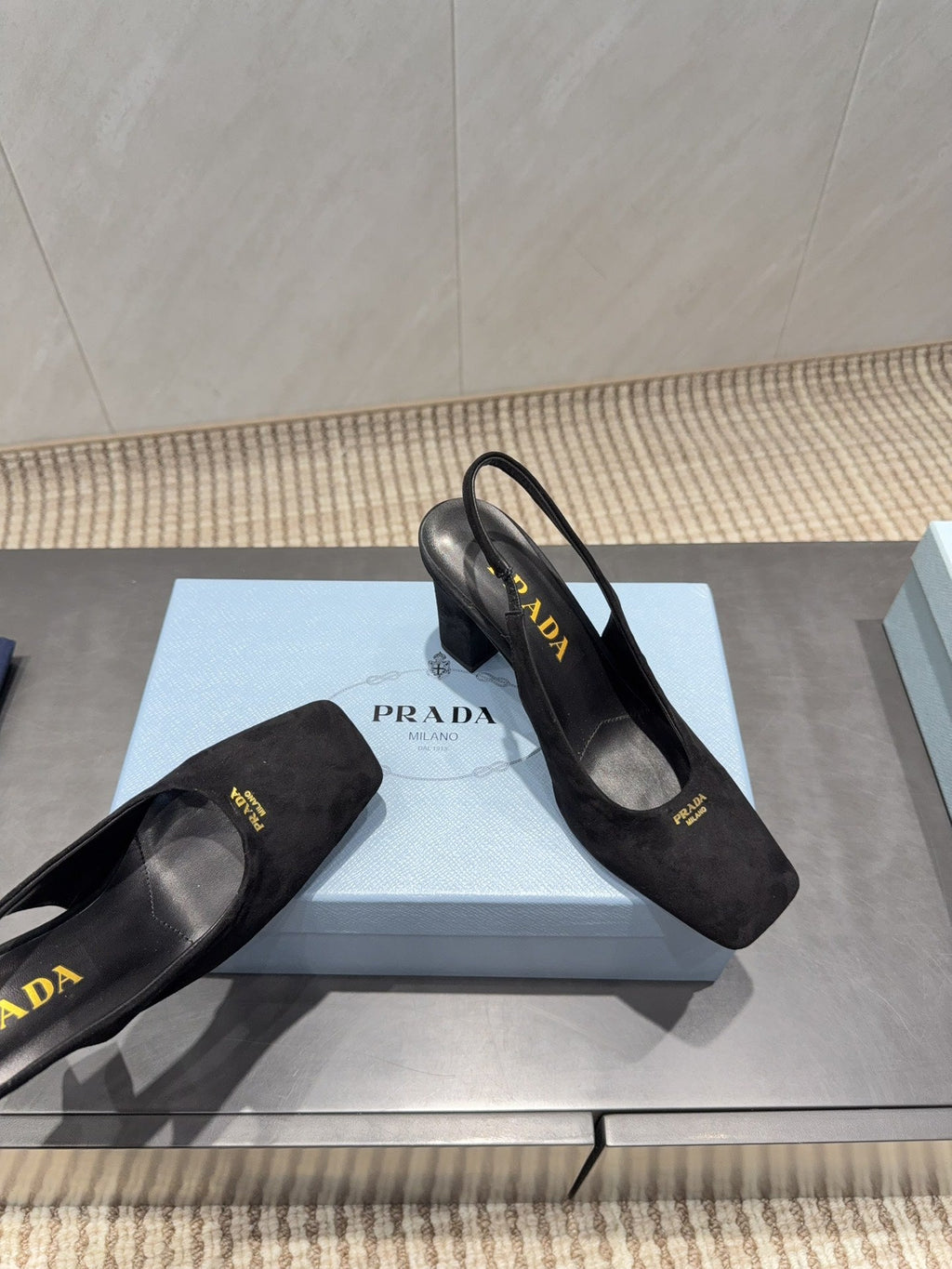 PRADA 26S LOW HEEL SQUARE TOE SLINGBACK SHOES 85MM IN BLACK SUEDE