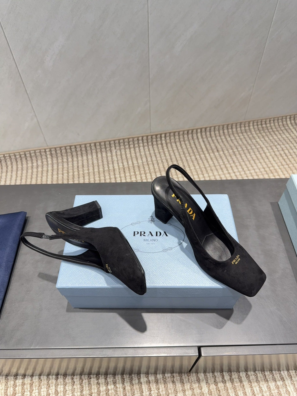 PRADA 26S LOW HEEL SQUARE TOE SLINGBACK SHOES 85MM IN BLACK SUEDE