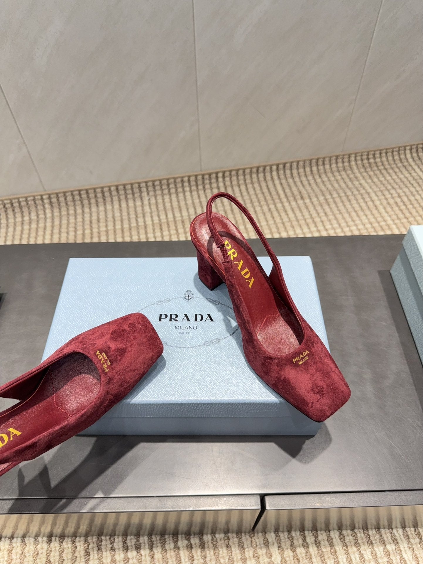 PRADA 26S LOW HEEL SQUARE TOE SLINGBACK SHOES 85MM IN DARK RED SUEDE