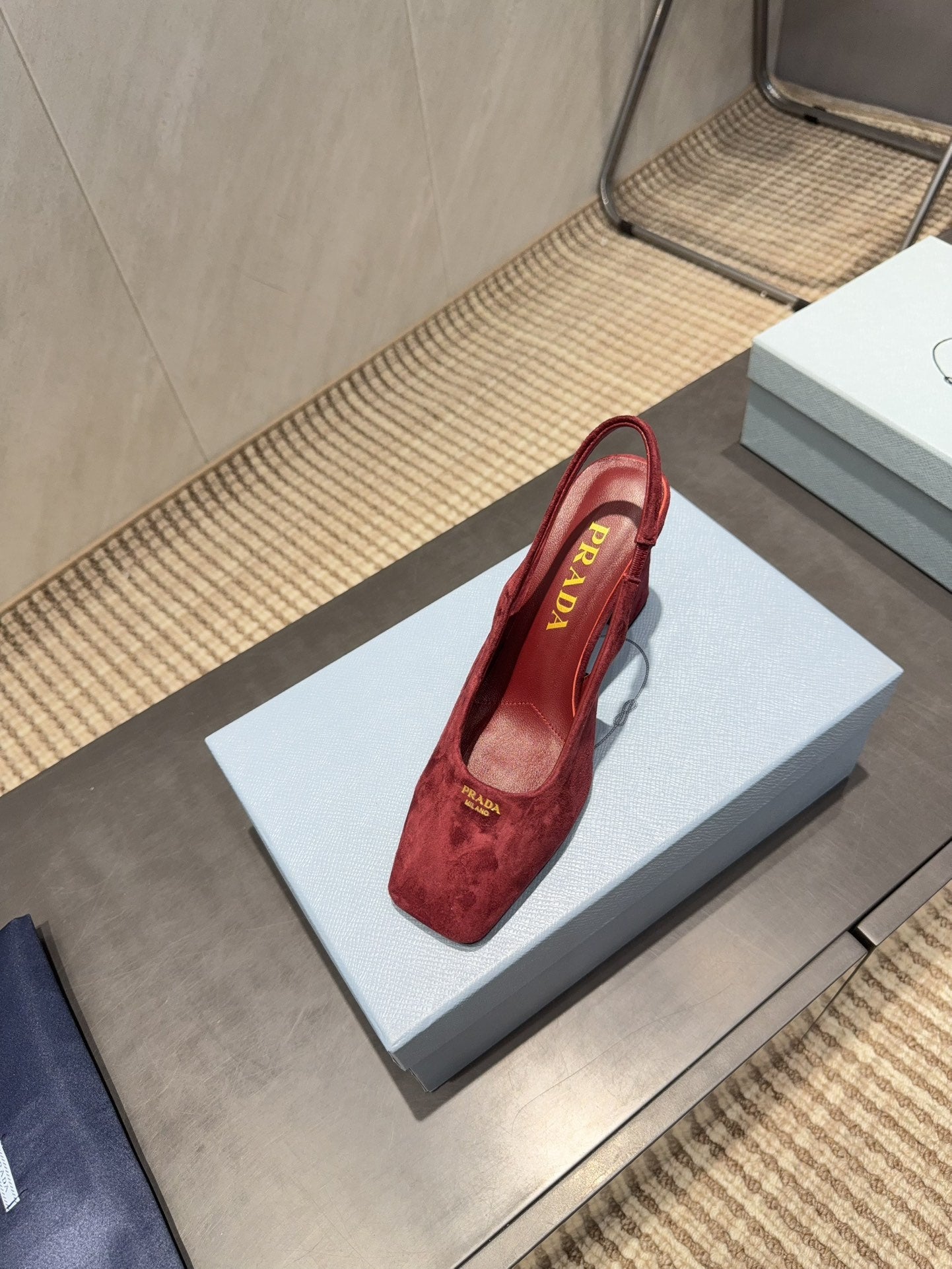 PRADA 26S LOW HEEL SQUARE TOE SLINGBACK SHOES 85MM IN DARK RED SUEDE