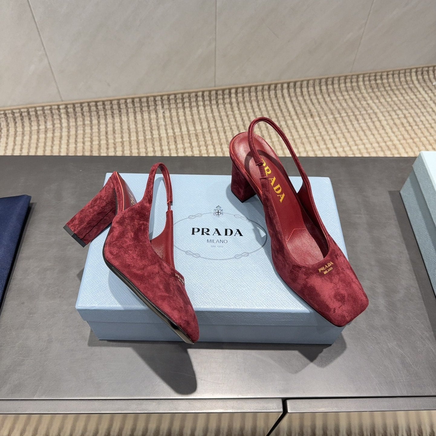 PRADA 26S LOW HEEL SQUARE TOE SLINGBACK SHOES 85MM IN DARK RED SUEDE