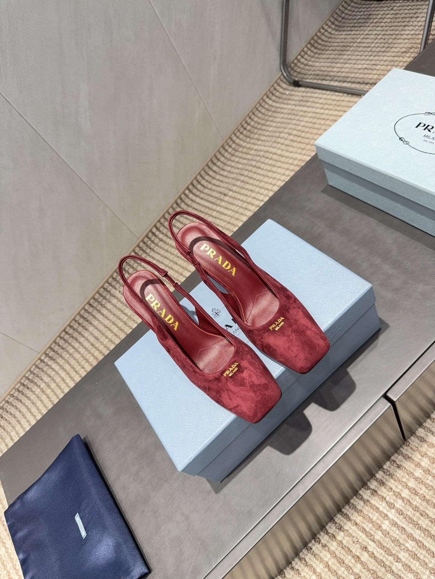 PRADA 26S LOW HEEL SQUARE TOE SLINGBACK SHOES 85MM IN DARK RED SUEDE