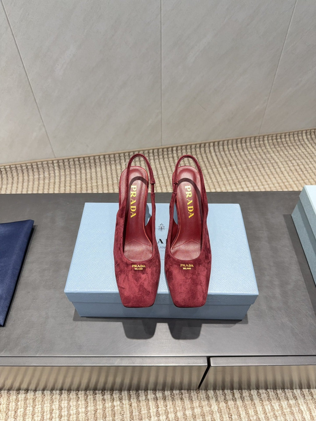 PRADA 26S LOW HEEL SQUARE TOE SLINGBACK SHOES 85MM IN DARK RED SUEDE