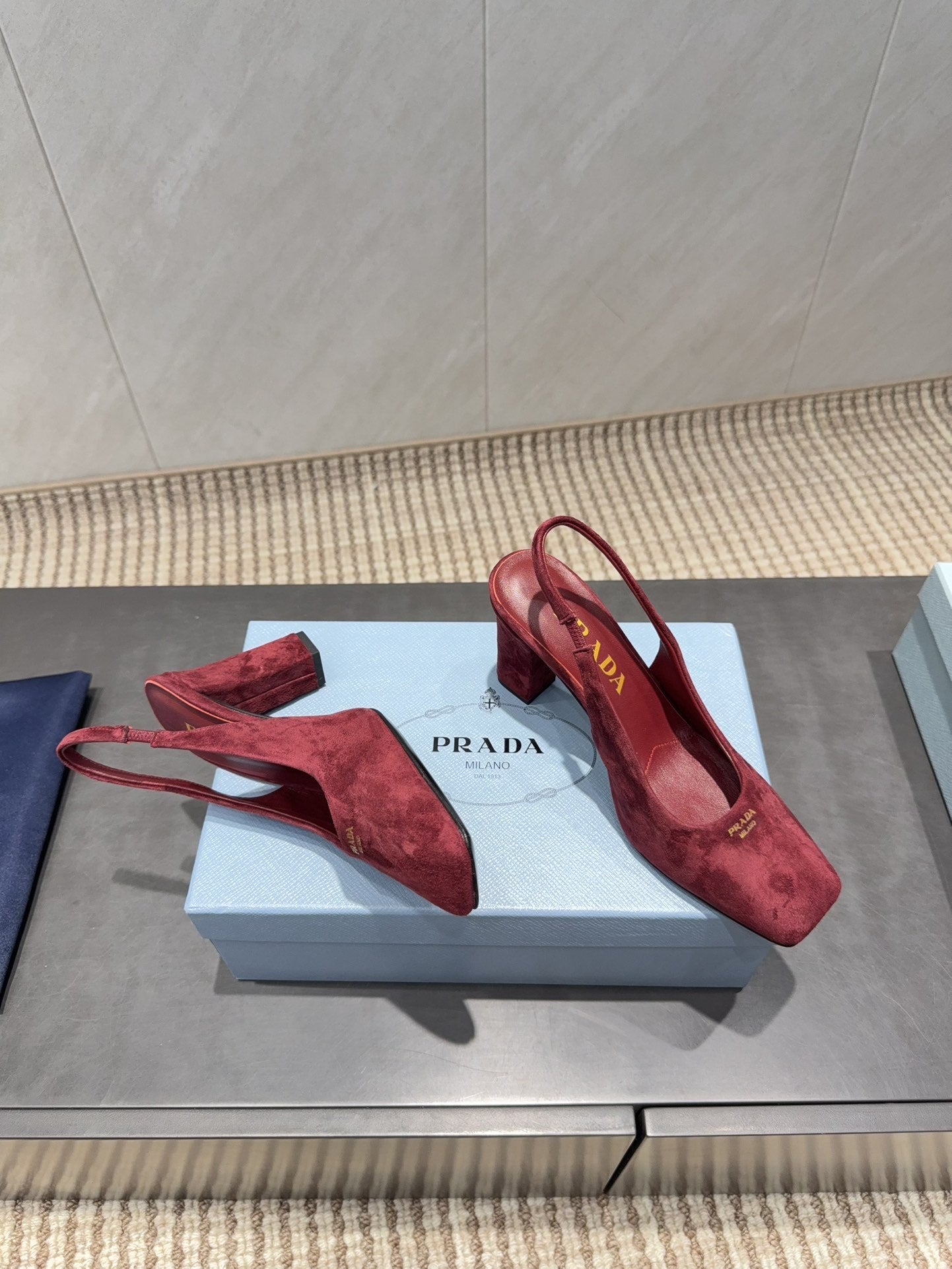 PRADA 26S LOW HEEL SQUARE TOE SLINGBACK SHOES 85MM IN DARK RED SUEDE