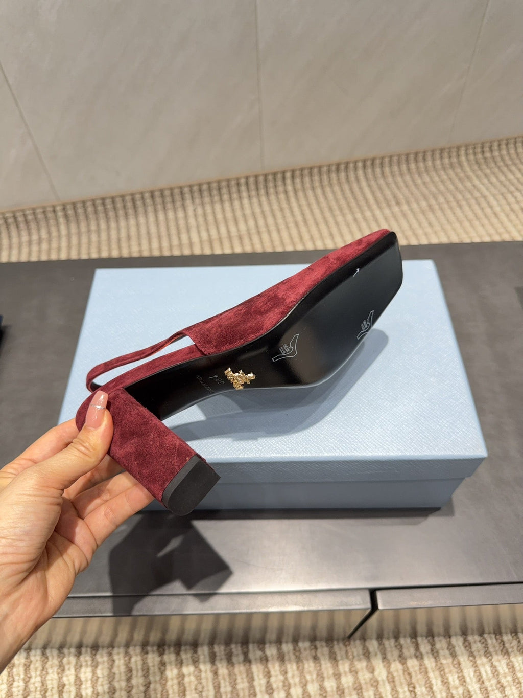 PRADA 26S LOW HEEL SQUARE TOE SLINGBACK SHOES 85MM IN DARK RED SUEDE
