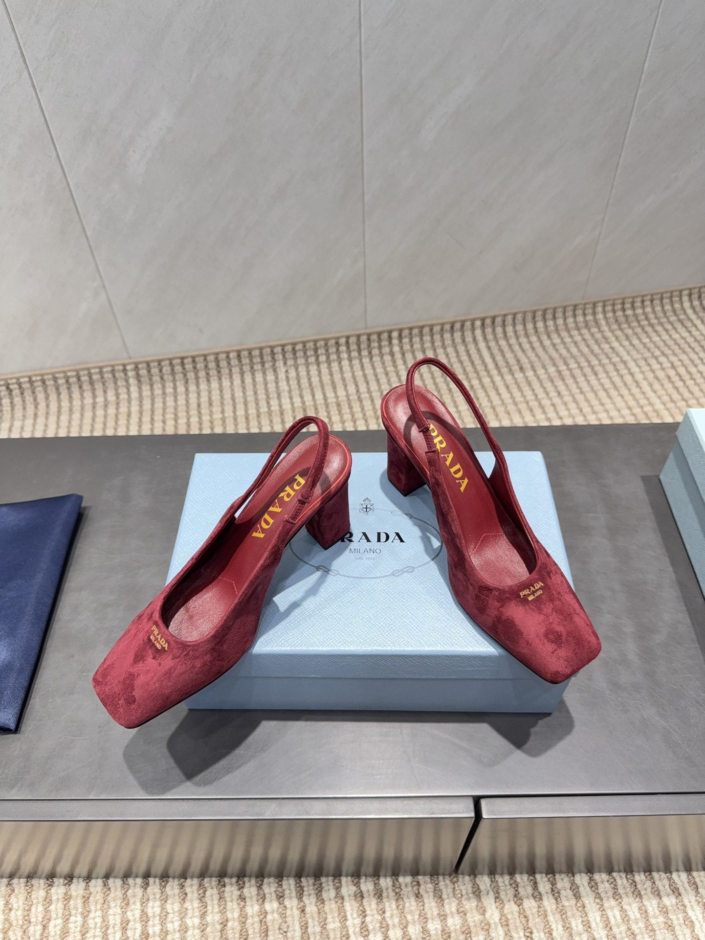 PRADA 26S LOW HEEL SQUARE TOE SLINGBACK SHOES 85MM IN DARK RED SUEDE