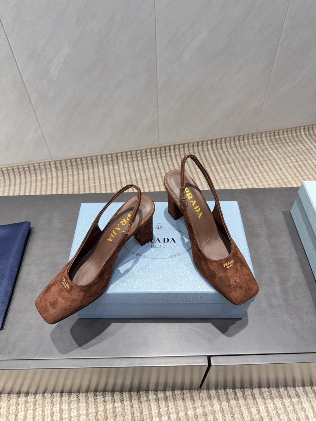 PRADA 26S LOW HEEL SQUARE TOE SLINGBACK SHOES 85MM IN CARAMEL BROWN SUEDE