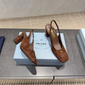 PRADA 26S LOW HEEL SQUARE TOE SLINGBACK SHOES 85MM IN CARAMEL BROWN SUEDE