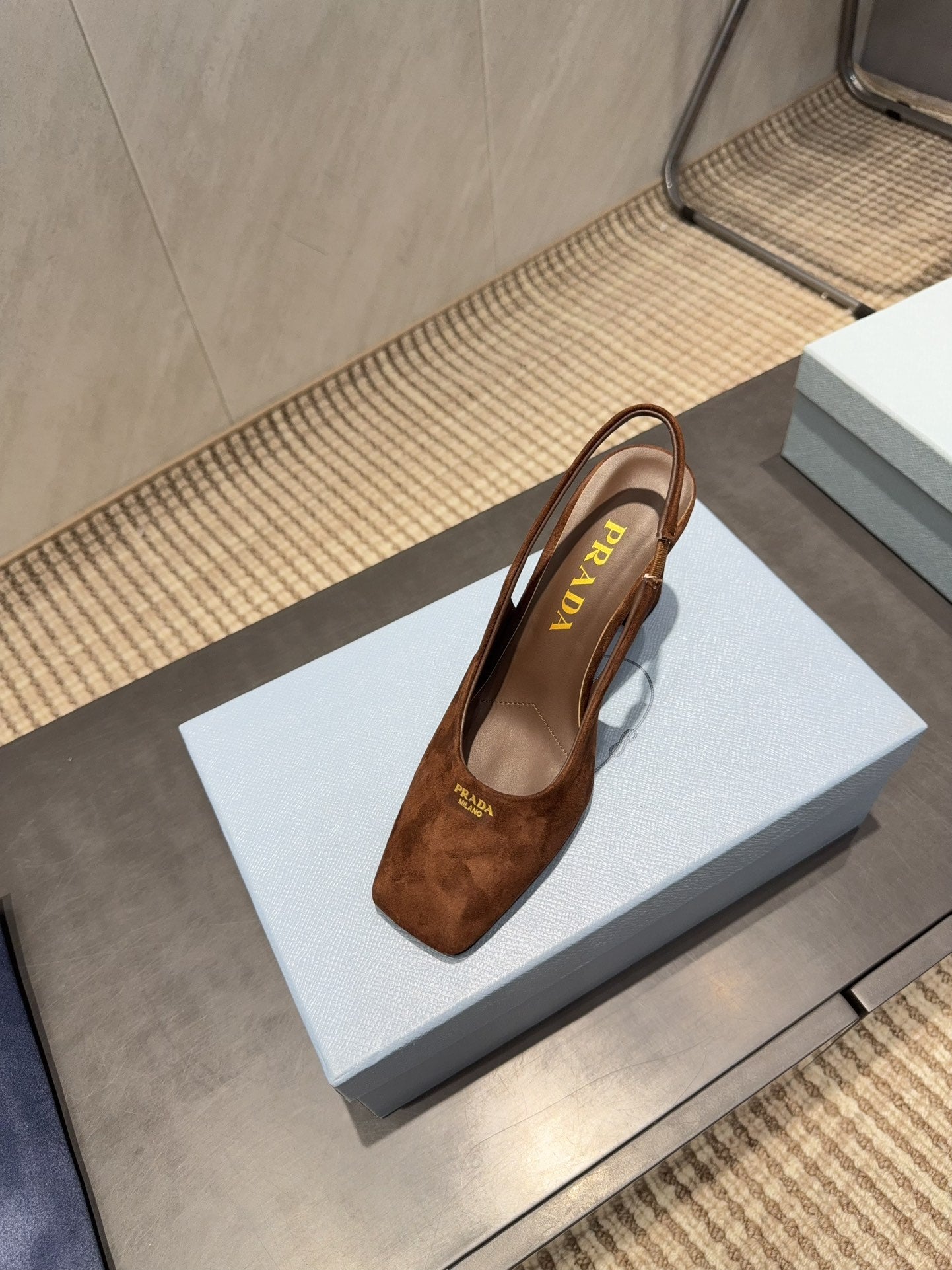 PRADA 26S LOW HEEL SQUARE TOE SLINGBACK SHOES 85MM IN CARAMEL BROWN SUEDE