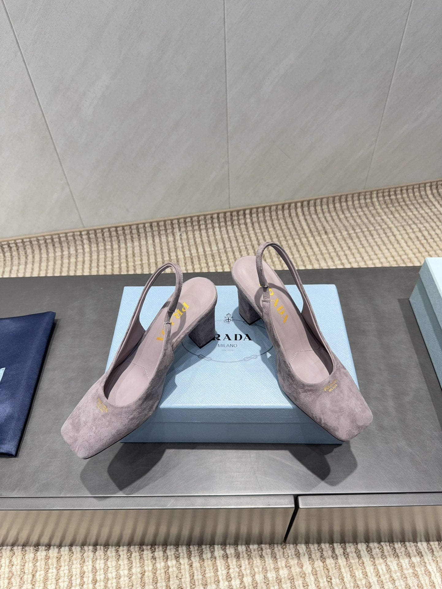 PRADA 26S LOW HEEL SQUARE TOE SLINGBACK SHOES 85MM IN TAUPE BROWN SUEDE