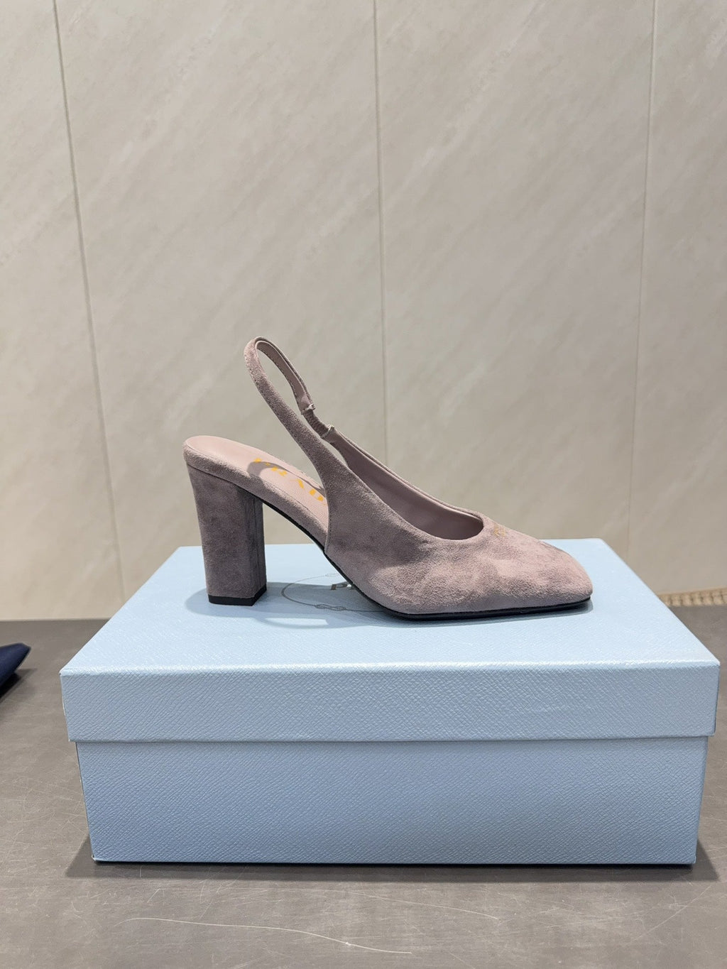 PRADA 26S LOW HEEL SQUARE TOE SLINGBACK SHOES 85MM IN TAUPE BROWN SUEDE