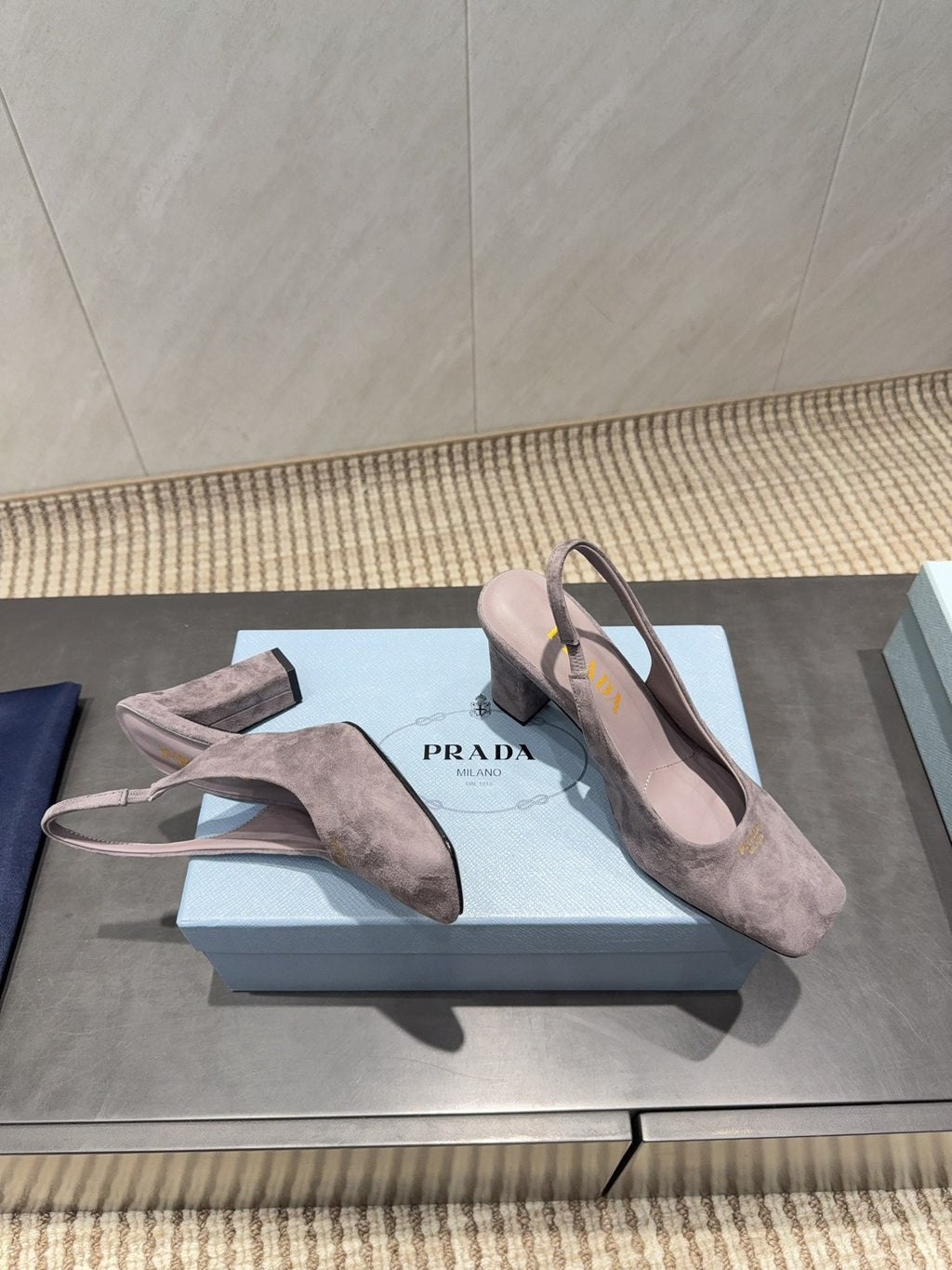 PRADA 26S LOW HEEL SQUARE TOE SLINGBACK SHOES 85MM IN TAUPE BROWN SUEDE