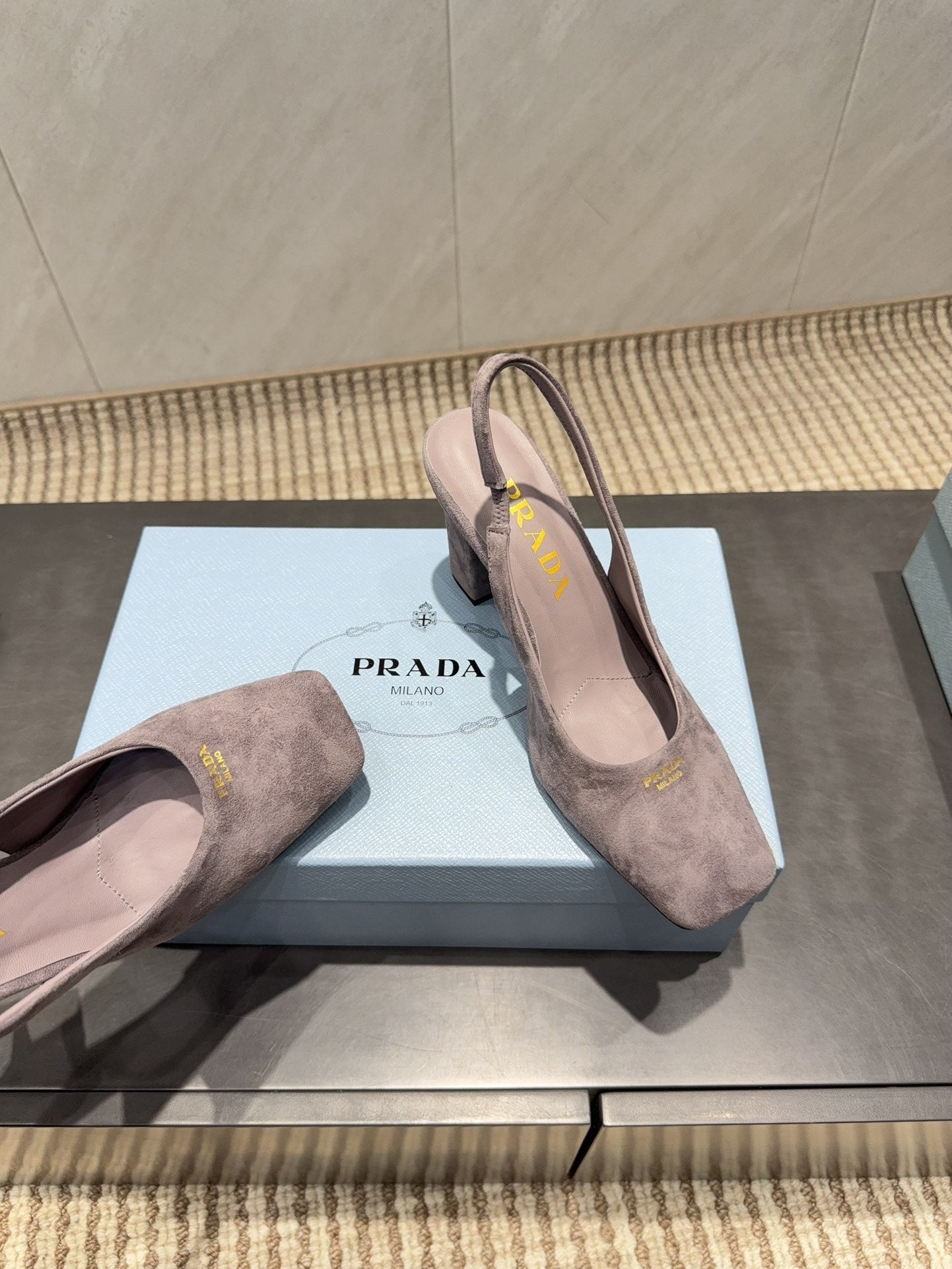 PRADA 26S LOW HEEL SQUARE TOE SLINGBACK SHOES 85MM IN TAUPE BROWN SUEDE