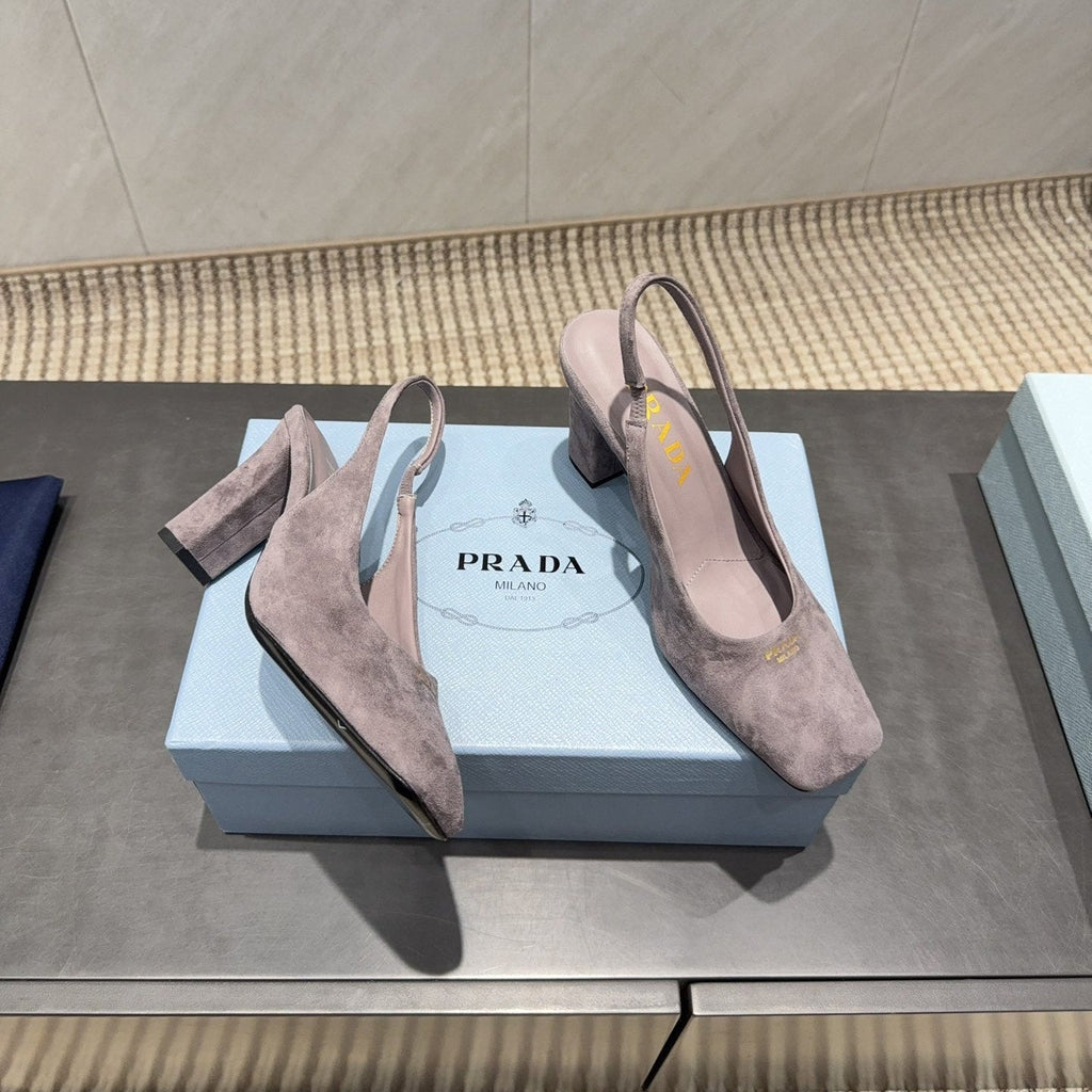 PRADA 26S LOW HEEL SQUARE TOE SLINGBACK SHOES 85MM IN TAUPE BROWN SUEDE
