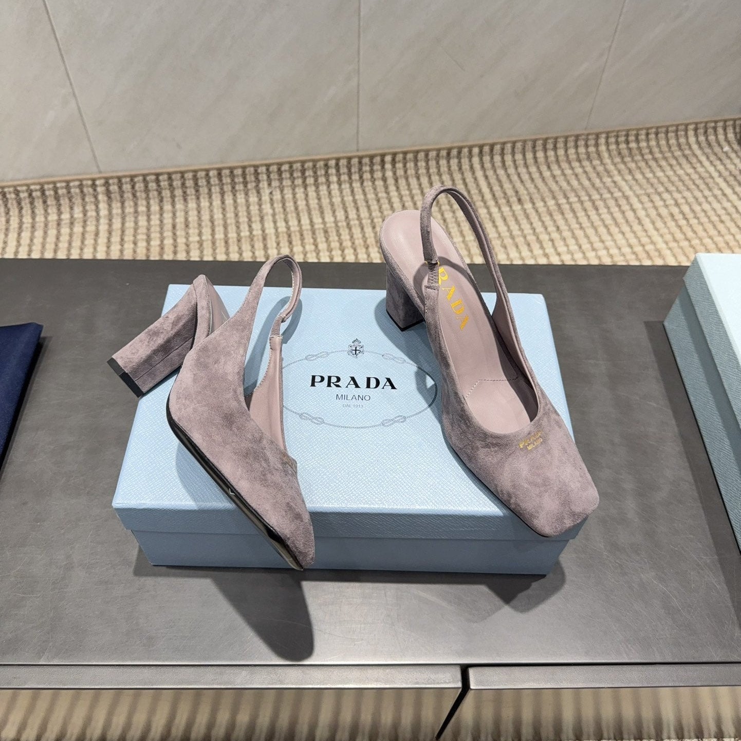 PRADA 26S LOW HEEL SQUARE TOE SLINGBACK SHOES 85MM IN TAUPE BROWN SUEDE